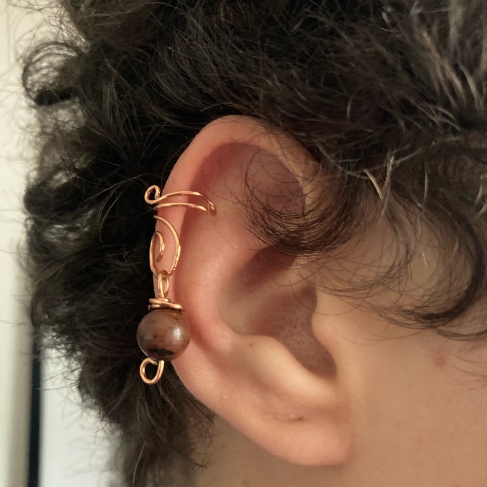 New Handcrafted Wire Ear Cuff With Mahogany Obsidian Crystal Stone Bead Charm